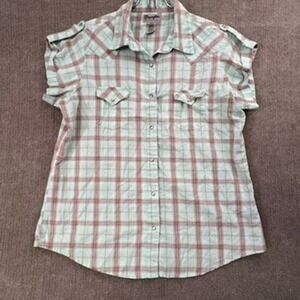 Wrangler Rancher Women's Plaid Short Sleeve Western Shirt Size Large L Button Up
